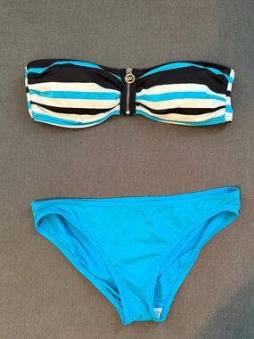 Michael Kors Blue Black White Striped Bandeau Bikini